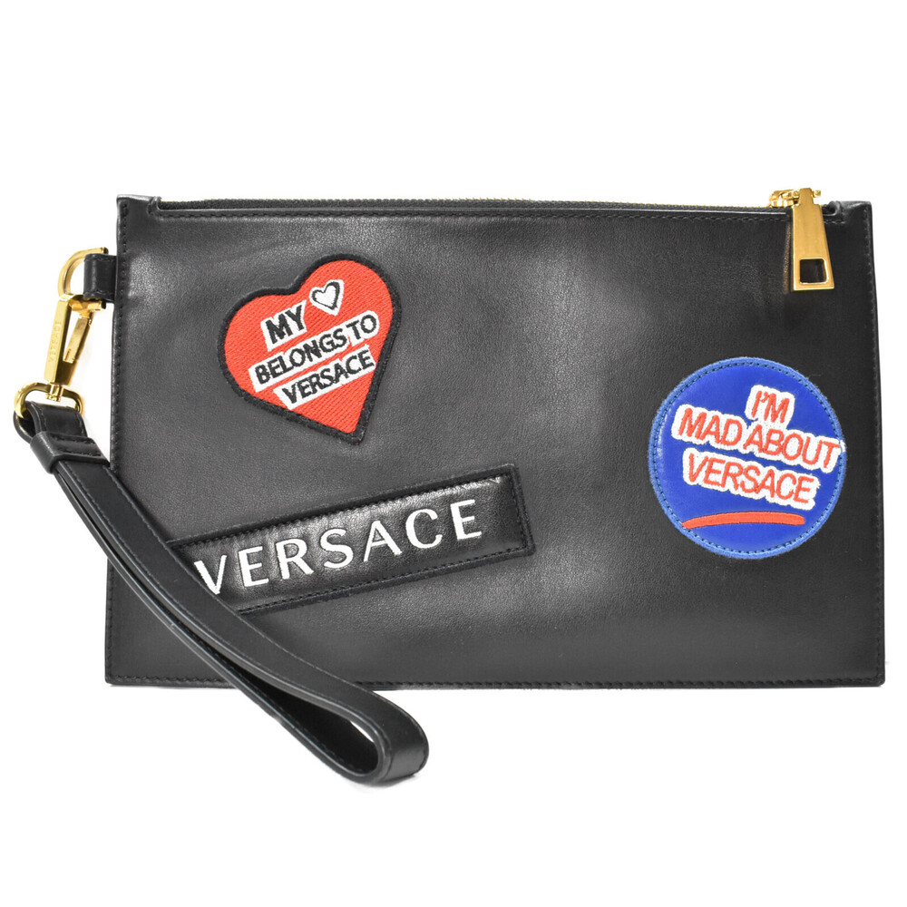 Versace leather clutch bag Shoulder black embroidered heart patch